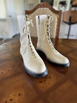 J Crew Womens Boots 11 Cream Leather Lace Up Zip Lug Sole Chunky Tall • $35