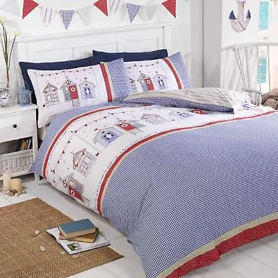 Beach Huts Duvet Covers Set Blue Nautical Quilt Cover Easy Care Bedding Sets • £18