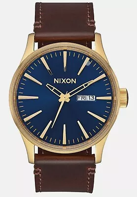 Nixon Sentry Classic Watch Leather Strap - Polished Gold/Navy Sunray Quartz • $125