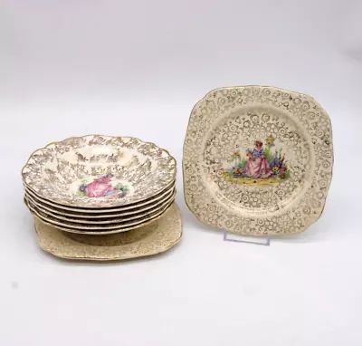 J & G MEAKIN H & K Turnstall 1930's Lady In Pink Gold Chintz Bowls Square Plates • £4.99