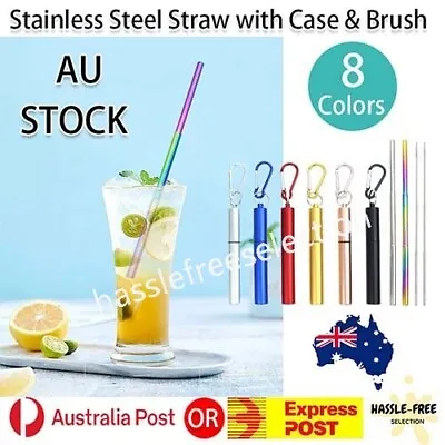 $7.49 • Buy Stainless Steel Metal Straw Reusable Drinking Collapsible Brush Foldable Keyring