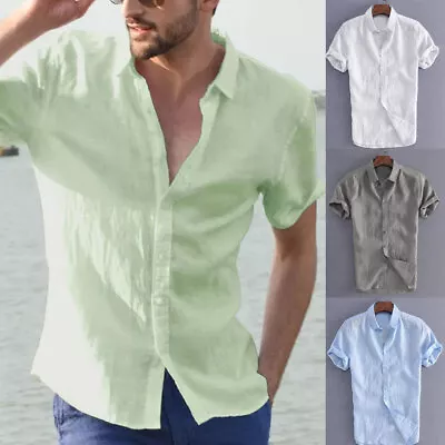 Mens Short Sleeve Shirts Summer Solid Loose Casual Dress Shirt Blouse Tops • £4.69