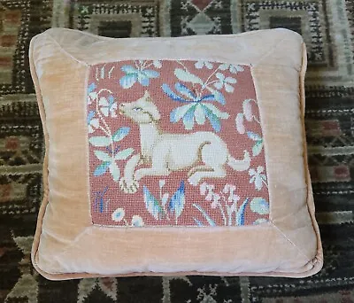 Antique VTG French Medieval Style Needlepoint Tapestry Lamb Dog Throw Pillow • $50