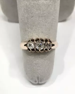 Antique Three Mine Cut Diamond Ring 14 Karat Rose Gold Ring Size 4.5 • $387.95