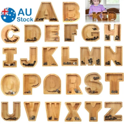 Wooden Piggy Bank Funny Letter/Guitar Coin Saving Money Box Kids Adults Gift A-Z • $18.25
