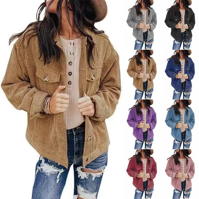 $37.49 • Buy Women Corduroy Jacket Button Pockets Winter Fall Biker Coat Cardigan Outwear /