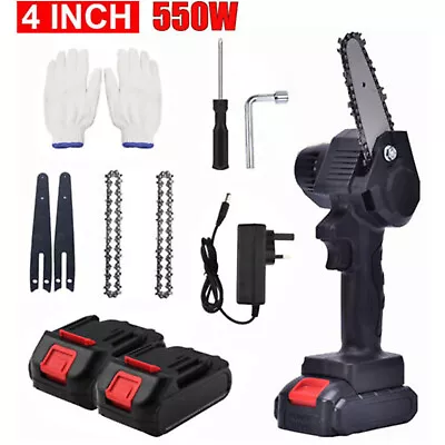 2 Batteries 4 Inch Mini Cordless Chainsaw Electric One-Hand Saw Wood Cutter UK • £23.89