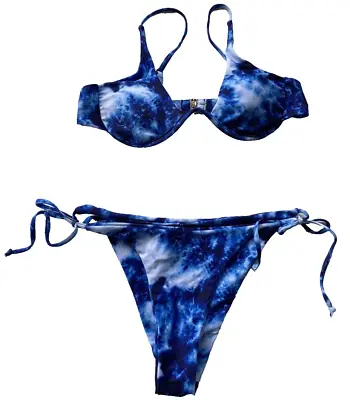 Women’s Bikini Size L/12 Blue White Tie Dye Beach Pool Bathers Adjustable Cheeky • $22.95