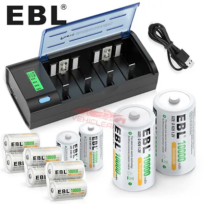 EBL Lot D Size Cell Rechargeable 1.2V NI-MH Batteries 10000mAh / Battery Charger • $17.99