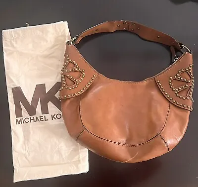 Michael Kors Handbag Stud Brown Tan  Leather Hobo Slouchy Shoulder Bag Tote Gold • $59.95