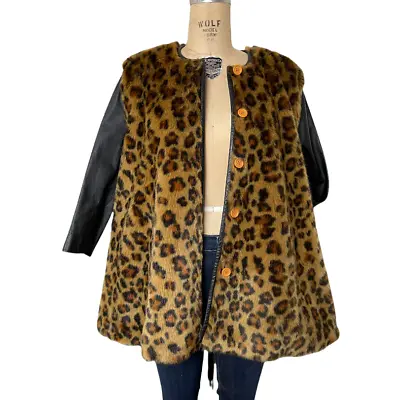 Vintage Swing Black Coat Leather W Cheetah Faux Fur  Size S/ M • $125