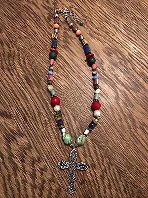 Sterling Silver Turquoise Beaded Multi Colored Stone Cross Necklace Vintage • $25.50