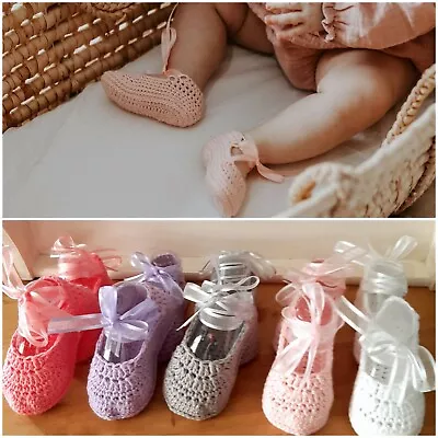 £5.60 • Buy Handmade Crochet First Baby Shoes Girls Ballerina Ballet Shoes Ribbon 3sizes