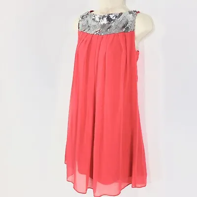 Timeless Naeem Khan Sz XS Sequin Neckline Chiffon Tunic Dress Coral Pink Silver • $39.88