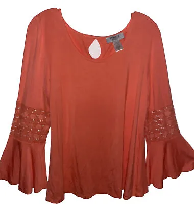 Monroe & Main Top Blouse M Peach Crochet Sleeves Boho • $19.99