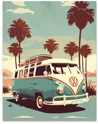 Blue Volkswagen Van Poster Vintage Beach Surf 11x14 Inches Unframed • $9.95