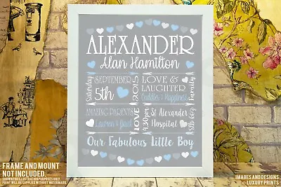 Personalised Details Baby Boy Birth Christening Picture Print Gift Canvas Blues • £5.99