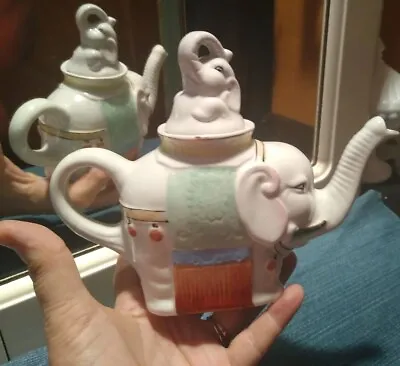 Vintage Hand-Painted Double Elephant Porcelain Teapot • $20