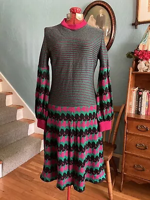 Vintage 60s Drop Waist Bishop Sleeve Magenta Green Black Striped Knit Dress S • $50
