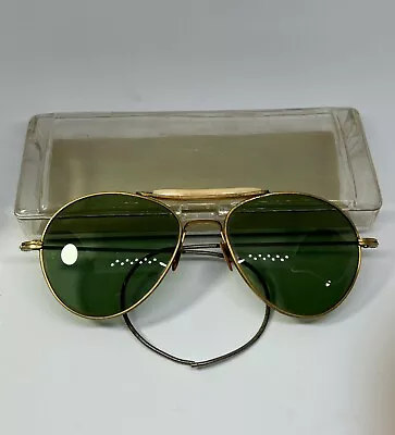 Vintage Aviator Sunglasses 1930’s 1940’s Ray Ban? Green Lens Gold Tone Case RB • $128.47