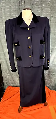 Vintage Chanel Boutique Navy Black Velvet Trim 1980s Skirt Suit - Sz. 38 - RARE! • $1999.97