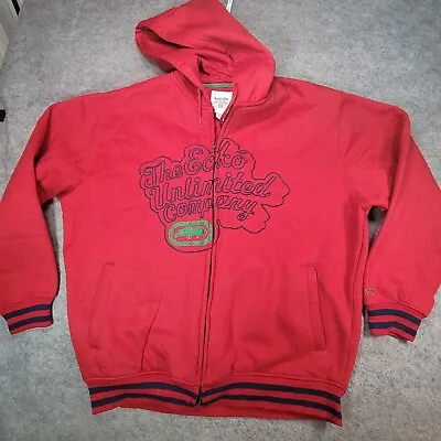 Vintage Ecko Unltd Jacket Mens Red Full Zip Hooded Fleece Outdoor Green Rhino 72 • $29.69