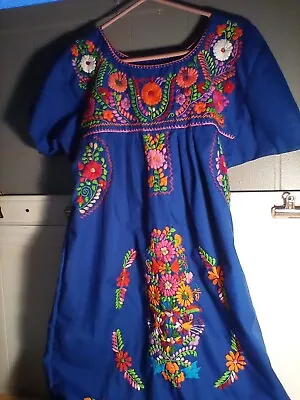 New Mexican Embroidered Blue Traditional Cotton Dress Size S • $30