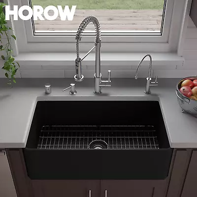 HOROW Kitchen Sink Single Bowl Farm House Sinks Black Sink Undermount 33''x18'' • $331.54