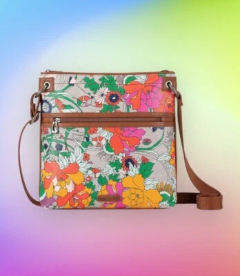 Lilac Flower Power Flat Crossbody Bag Purse Canvas SAKROOTS • $52.17