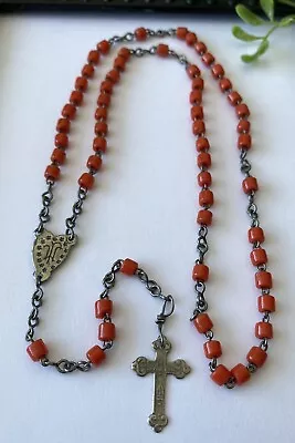 Vintage Antique Sterling Coral Catholic Rosary Petite Beads Stunning! • $32