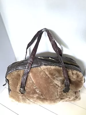 Vintage Brown Mouton Lamb Fur Genuine Leather Duffle Bag Made In Spain • $42.74