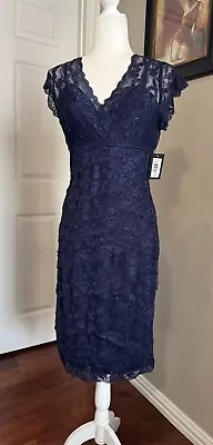 NWT MARINA Women’s Lace Beaded Sequin Flutter-Sleeve Dress Navy Sz 8 MSRP: $129 • $64.95