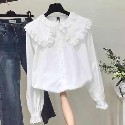 $21.44 • Buy Women Retro Lolita Lace Blouse Shirt Peter Pan Collar Top Ruffle Frill Loose