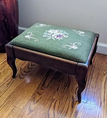 Vintage Foot Stool With Green Floral Needlepoint Top. • $79