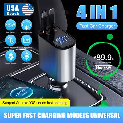 4 IN 1 Retractable Car Charger Cable Dual Port USB C PD Fast Charging Adapter US • $19.99