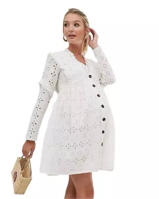 ASOS Maternity Broderie Button Through Tiered Smock Mini Dress White Size 10 • $39.99