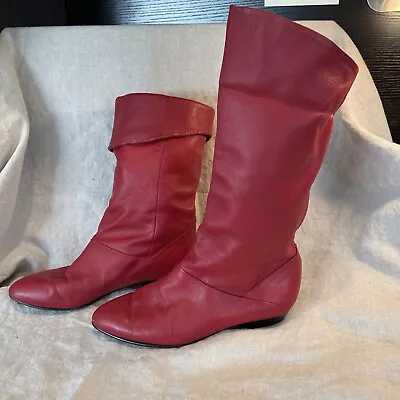 VINTAGE 1980's Red Leather Mid Calf Boots Size 7.5 Women’s Life Stride Fold Down • $28