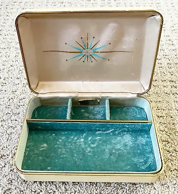 Farrington Jewelry Box Cream Turquoise Atomic Travel Velvet Sputnik MCM Vintage • $22.40