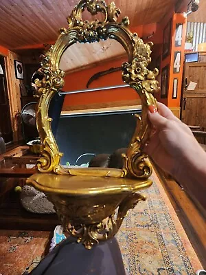 Vintage Syroco Gold Wall Hanging W/Mirror & Shelf 1970 Dart Hollywood Regency  • $40