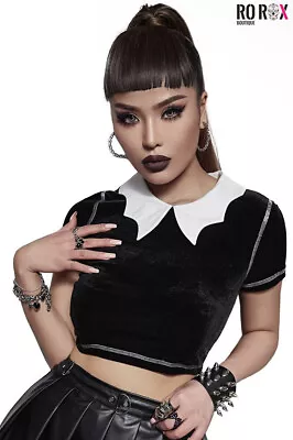 Ro Rox Everly Crop Top Gothic Bat Wing Contrast Collar Velvet Sexy Blouse • £9.99