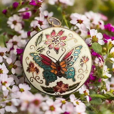 BUTTERFLY & FLOWERS Vintage Cloisonne Enamel JEWELRY PENDANT Floral Double Sided • $15