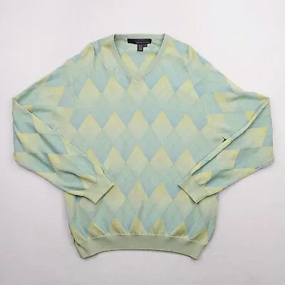 Tricots St Raphael Sweater Mens Sz M Teal Green Argyle Diamond LS Pullover Pima • $24.99