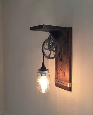 Rustic Wall Sconce Light With Mason Jar And Pulley. Steampunk Farmhouse Style • $119