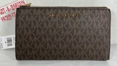 Michael Kors Jet Set Brown MK Signature Double Zip Phone Case Wristlet Wallet • $58.98