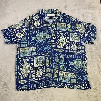 Jams World Hawaiian Aloha Button Up Blue Vintage Tribal Fish Shirt Men Size 2XL • $49.99