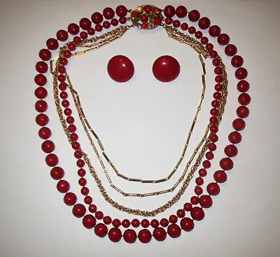 Antique Statement MIRIAM HASKELL - CHERRY FRUIT FESTOON NECKLACE EARRINGS SET • $62.50