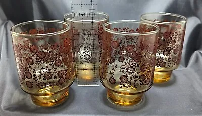 Set Of 4 Vintage Juice Small Drink Glasses Amber Brown Floral Footed Stackable  • $29.99