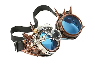 Steampunk Copper Goggles Spike Crazy Burning Man Costume Mad Scientist 2X Blue • $16.99