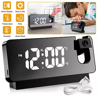 $15.99 • Buy LED Mirror Projection Alarm Clock Thermometer Digital Snooze Rotated Display USB