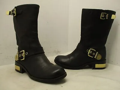 Vince Camuto Winchell Black Leather Zip Mid Calf Biker Boots Womens Size 6.5 M • $44.95